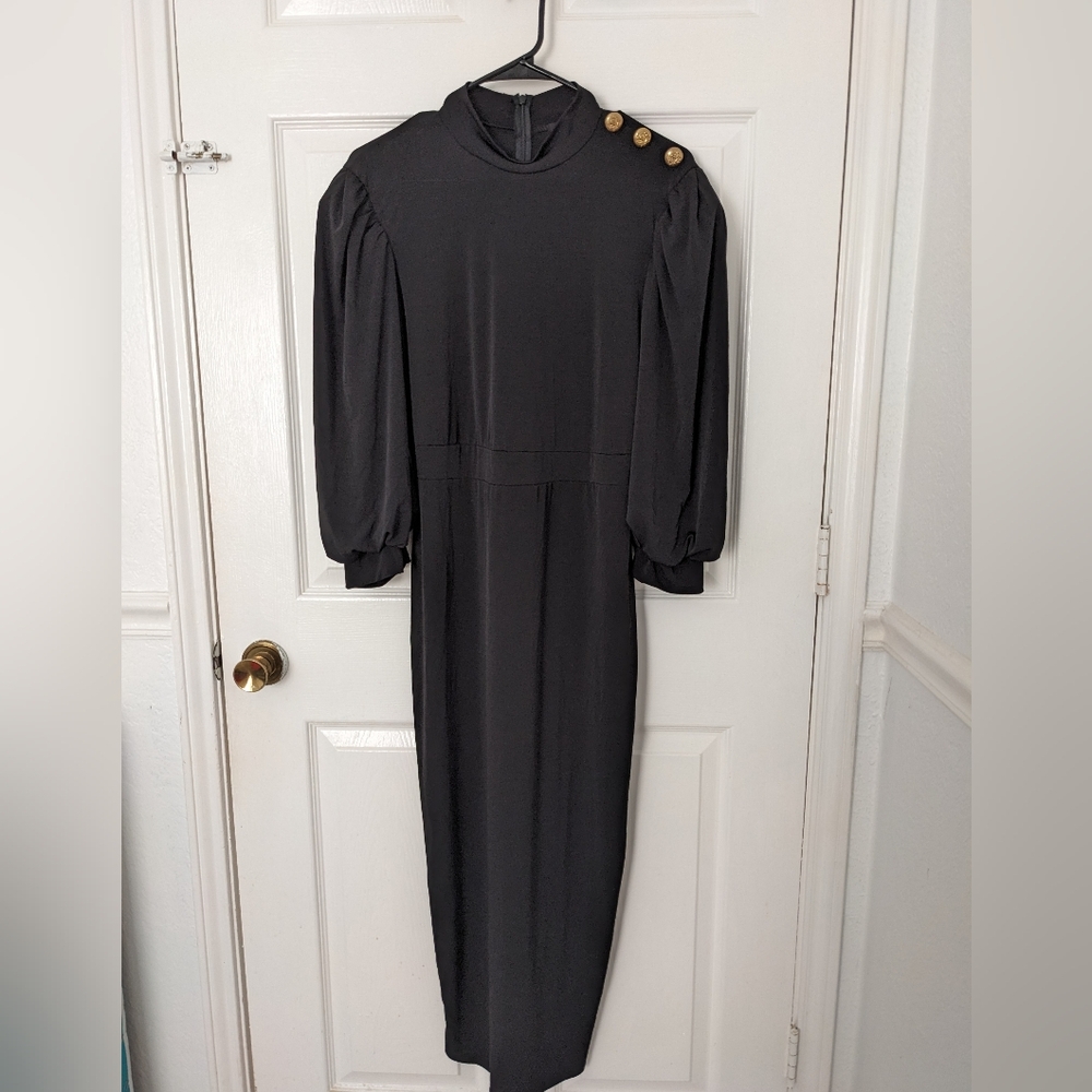 Fashion Nova Black Puff-Sleeve Midi Dress with Gold Buttons